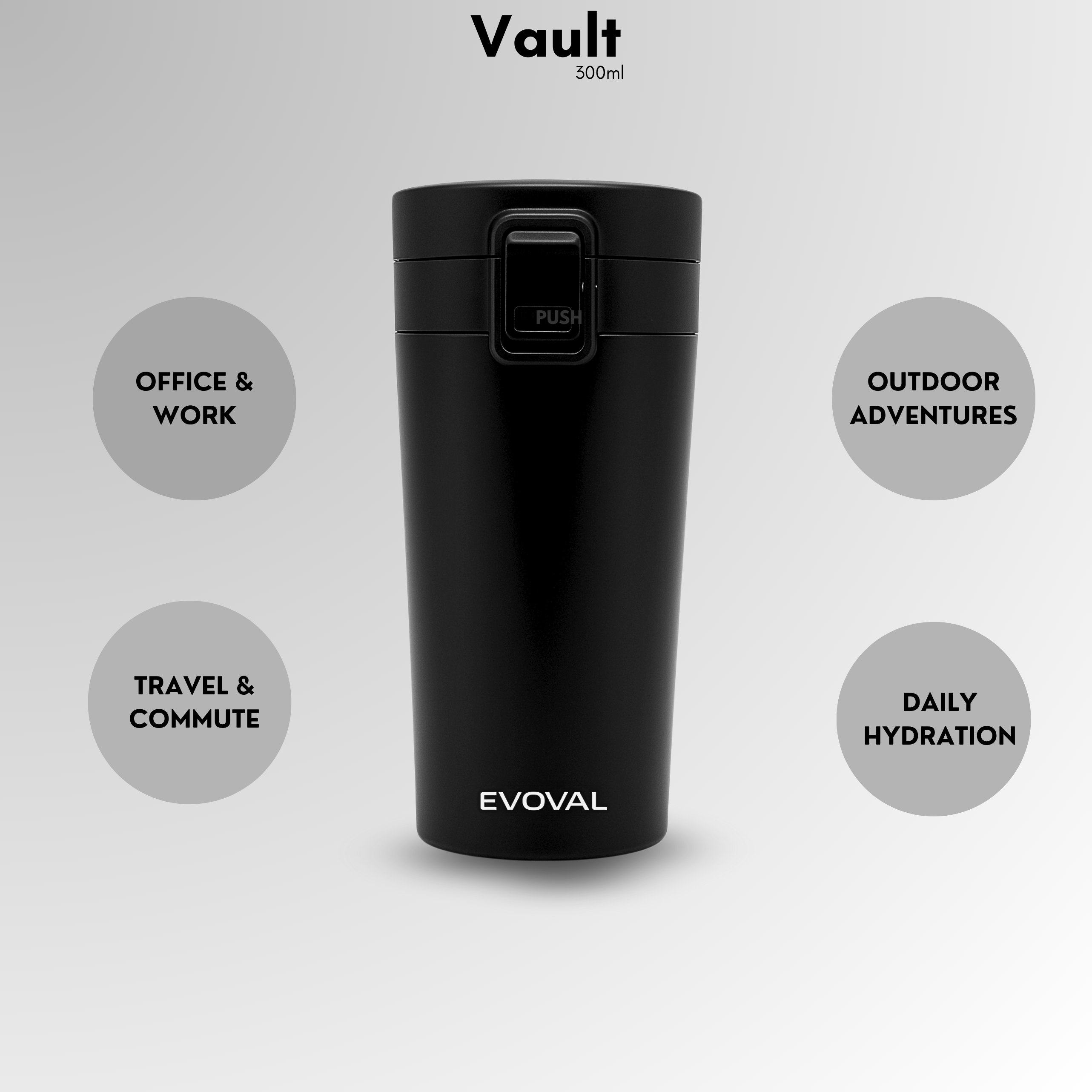 EVOVAL Vault 300ml Insulated Tumbler | Leakproof Coffee Mug | Stainless Steel Travel Flask with Lock Lid | Double Wall Vacuum Cup for Hot & Cold Beverages (Matte Black)