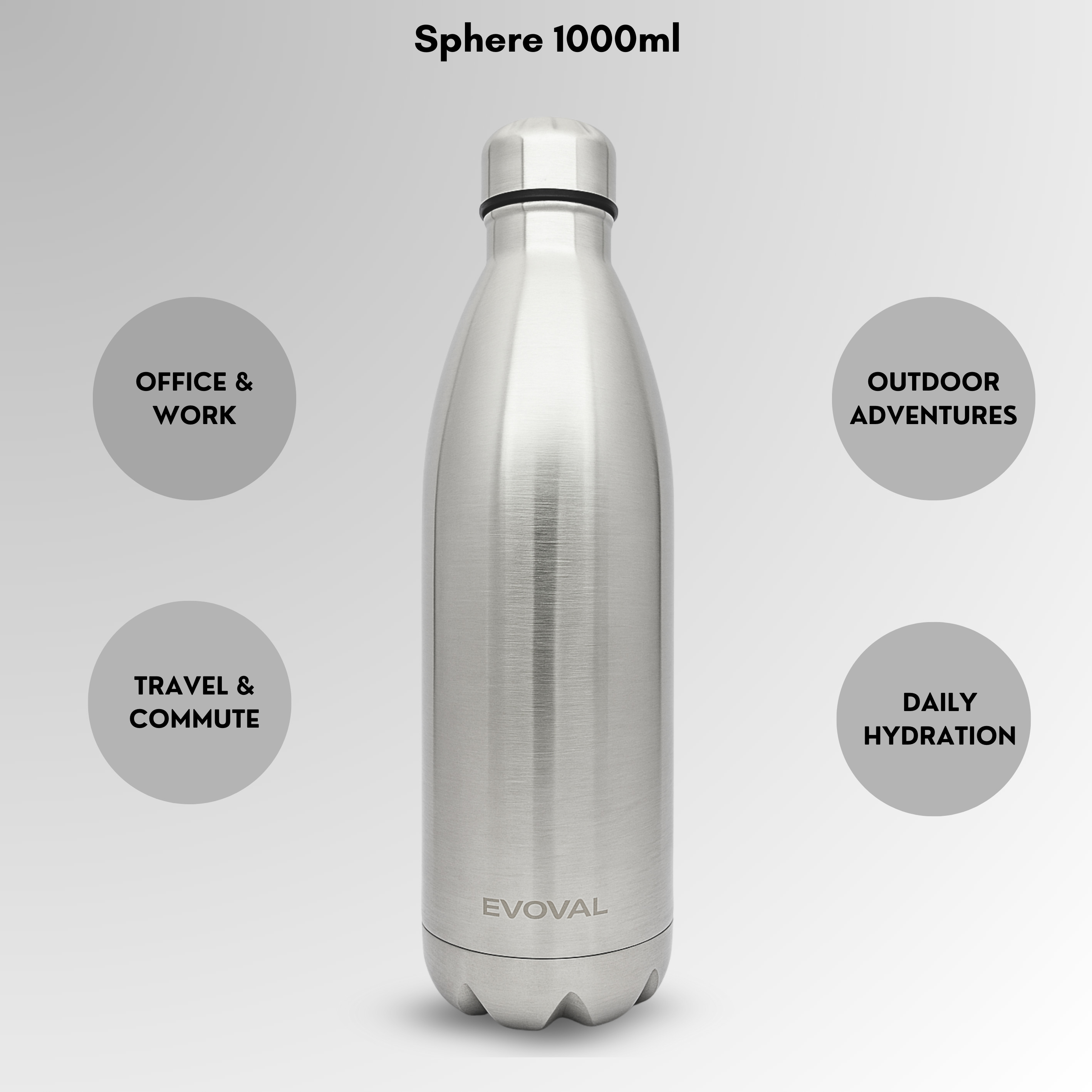 EVOVAL Sphere 1000ml Insulated Stainless Steel Water Bottle | Double Wall Hot & Cold Bottle | BPA-Free, Leak-Proof, Sweat-Free | Travel, Gym, Office Use