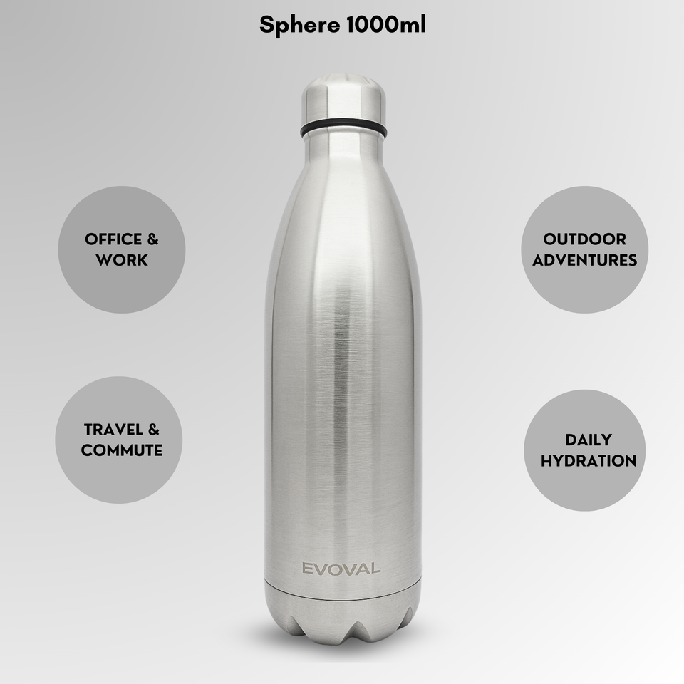 EVOVAL Sphere 1000ml Insulated Stainless Steel Water Bottle | Double Wall Hot & Cold Bottle | BPA-Free, Leak-Proof, Sweat-Free | Travel, Gym, Office Use