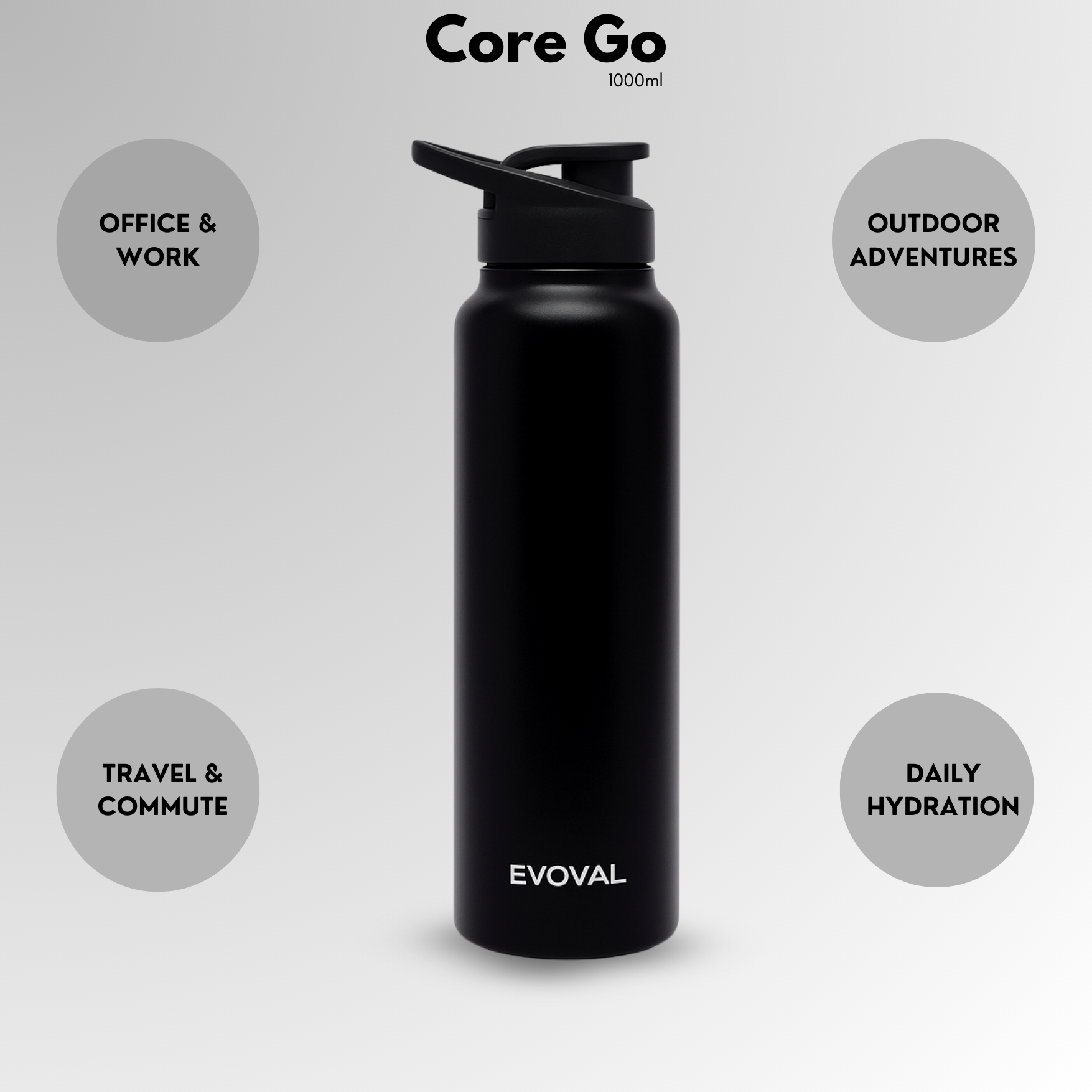 EVOVAL Core Go 1000ml (Black) | Single Wall Stainless Steel Water Bottle | Lightweight, Fridge-Friendly, Leak-Proof, Rust-Free