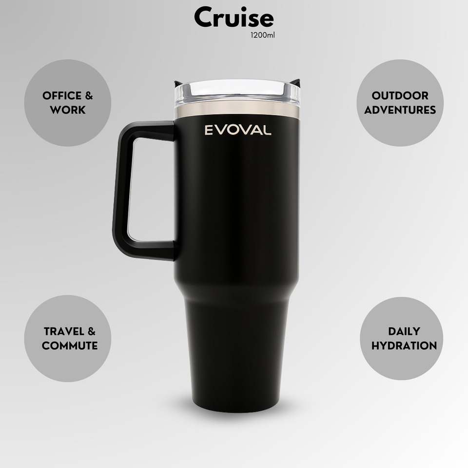 EVOVAL Cruise 1200ml Stainless Steel Insulated Travel Tumbler with Handle & Metal Straw | Double Wall Vacuum Flask | Hot & Cold | Leakproof, Matte Black Mug for Office, Gym, Car