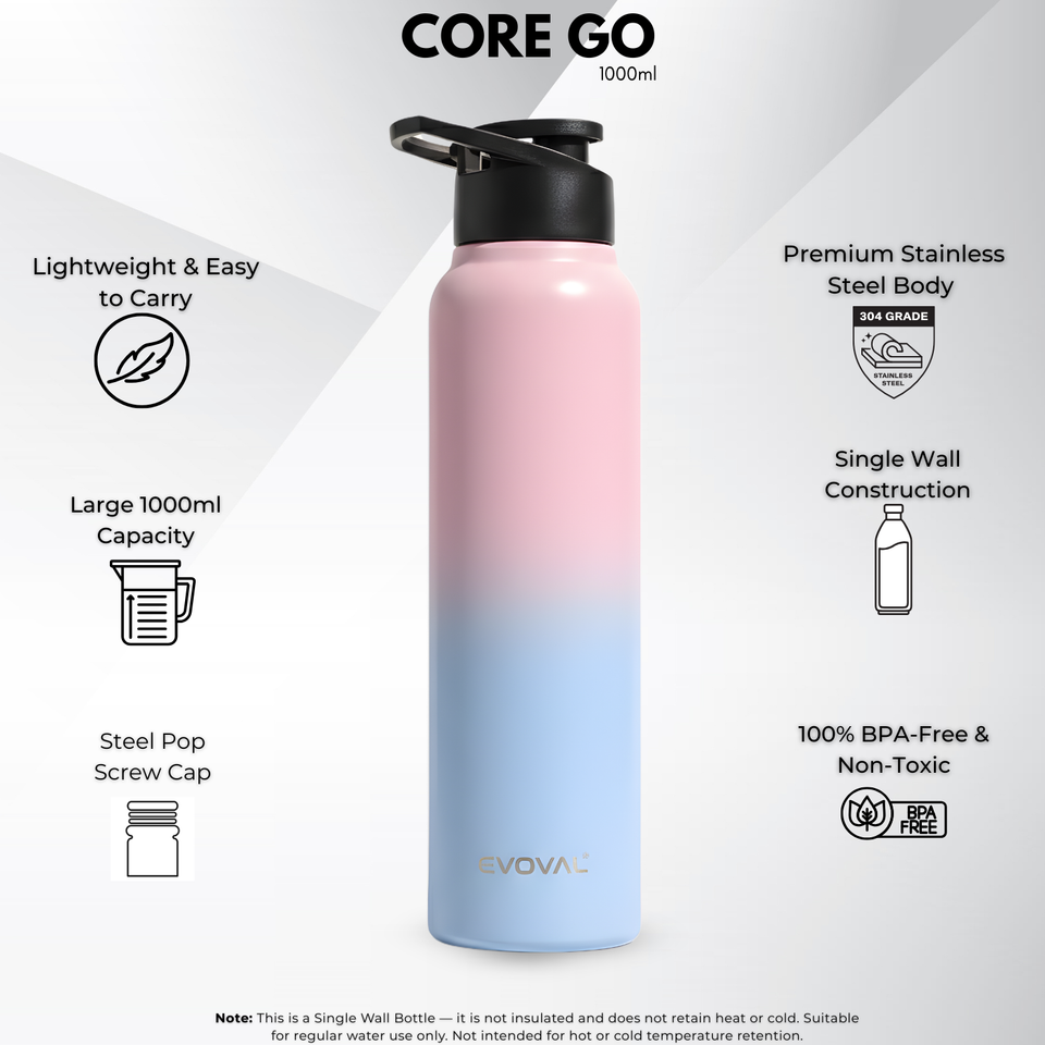 EVOVAL Core Go 1000ml (Duo Pink) | Single Wall Stainless Steel Water Bottle | Lightweight, Fridge-Friendly | Ideal for Home, Office, Gym, Travel