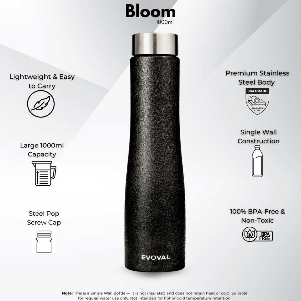 EVOVAL Bloom 1000ml (Crackle Black) | Single Wall Stainless Steel Fridge Water Bottle | Lightweight, Leak-Proof | Ideal for Home, Office, Gym, Travel