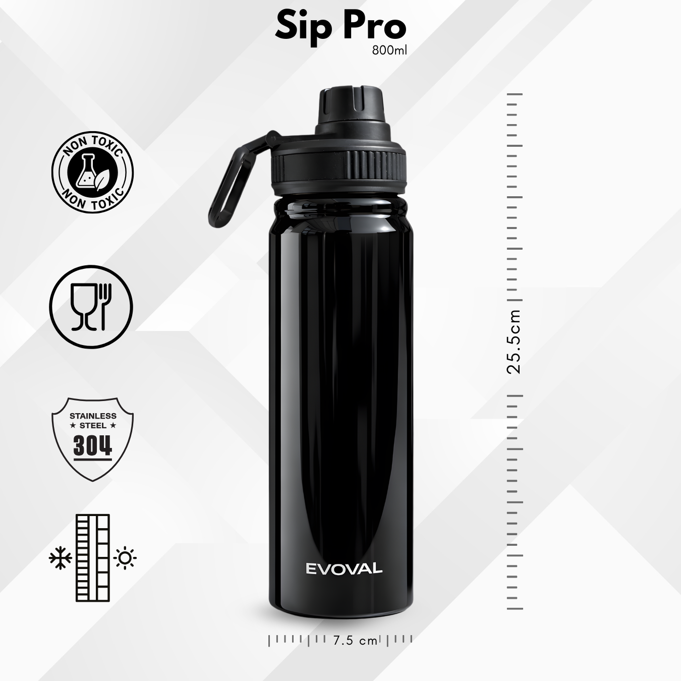 EVOVAL SIP PRO 800ml Stainless Steel Insulated Water Bottle | Sports Bottle for Gym, Office & Outdoor Use