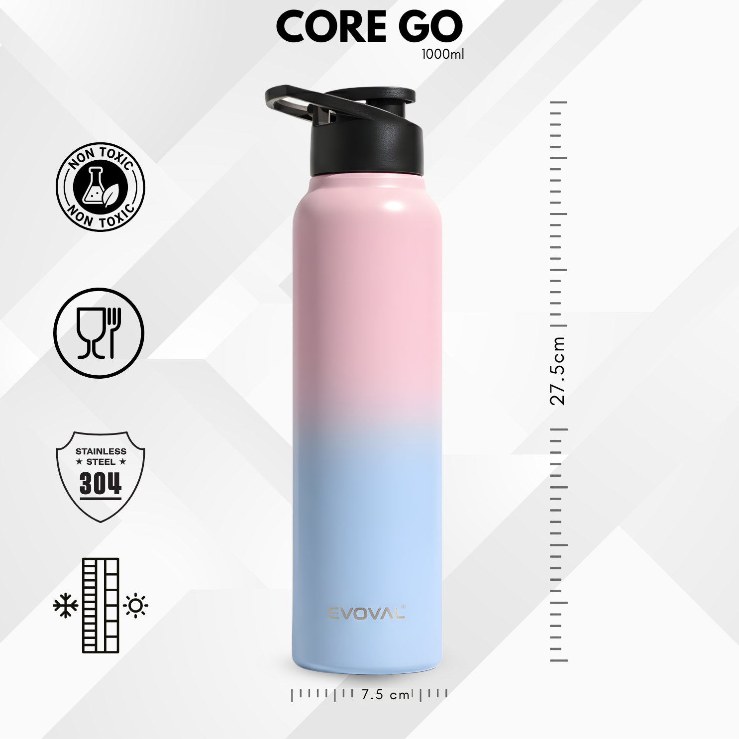 EVOVAL Core Go 1000ml (Duo Pink) | Single Wall Stainless Steel Water Bottle | Lightweight, Fridge-Friendly | Ideal for Home, Office, Gym, Travel