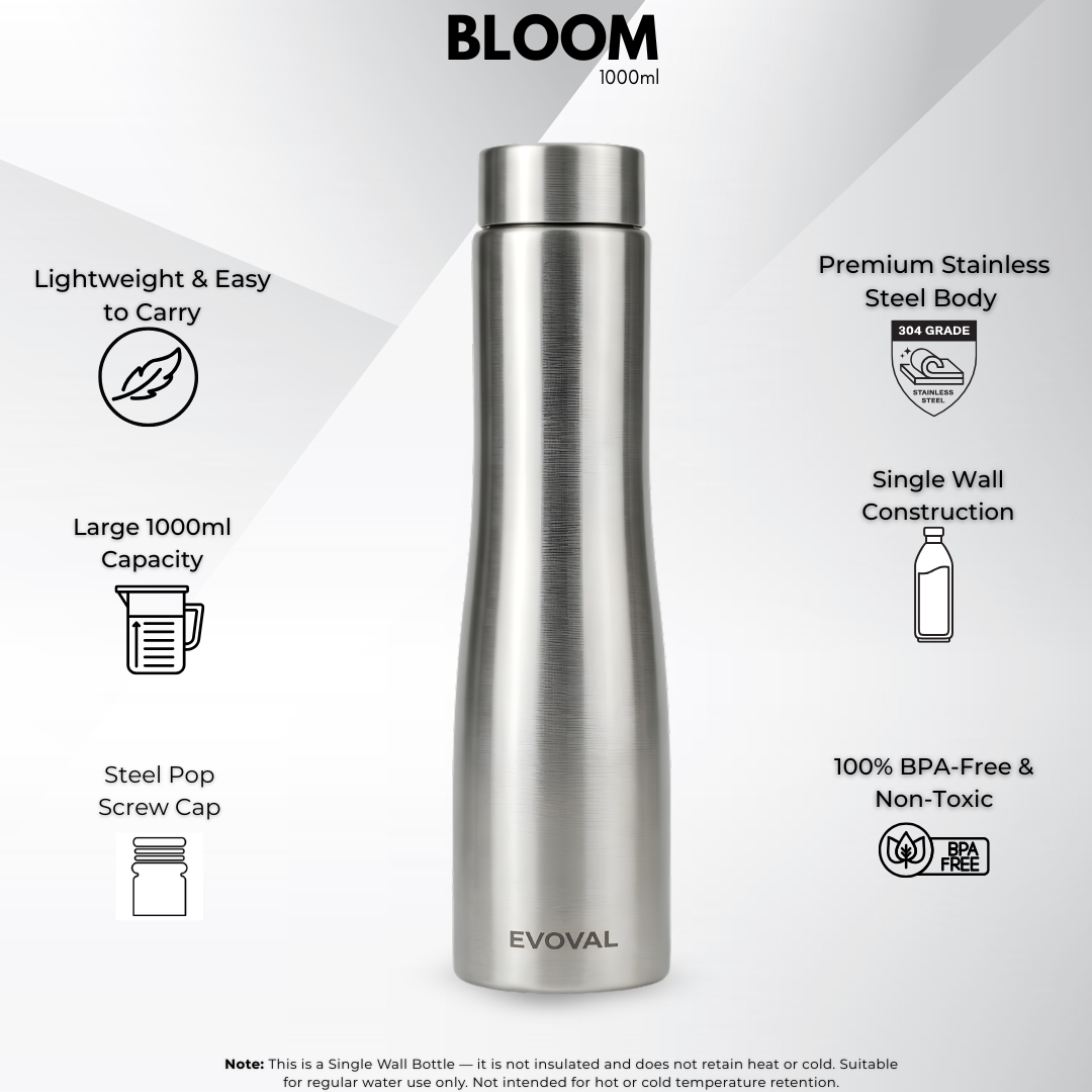 Evoval Bloom 1000 ml (Silver) | Stainless Steel Single Wall Water Bottle | Leak-Proof, BPA-Free