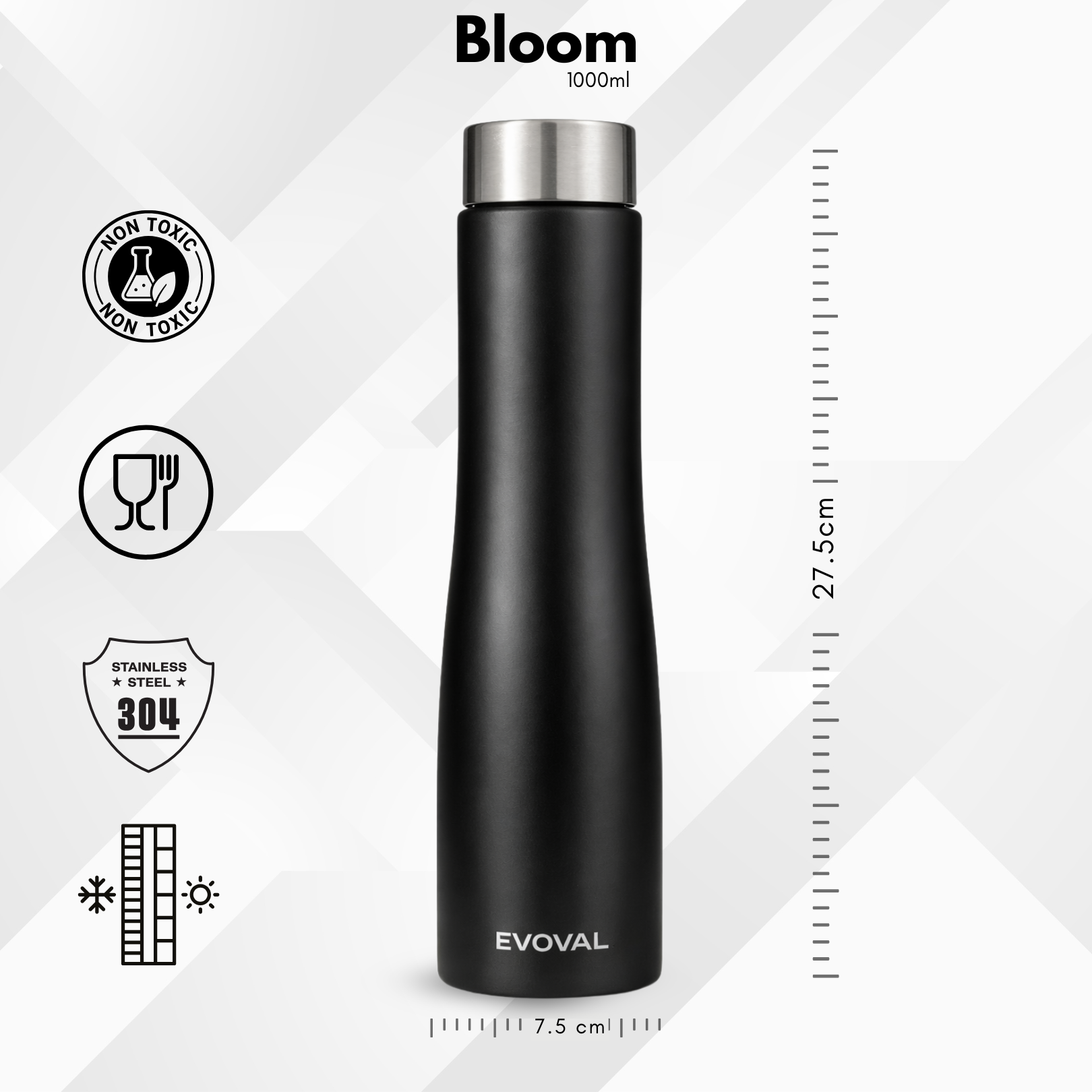 EVOVAL Bloom 1000ml (Black) | Single Wall Stainless Steel Fridge Water Bottle | Lightweight, Leak-Proof | Ideal for Home, Office, Gym, Travel