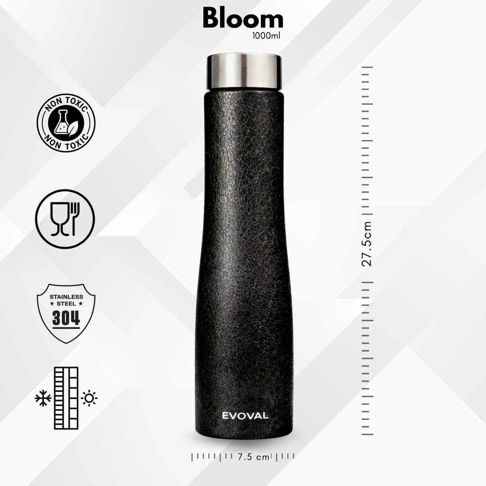 EVOVAL Bloom 1000ml (Crackle Black) | Single Wall Stainless Steel Fridge Water Bottle | Lightweight, Leak-Proof | Ideal for Home, Office, Gym, Travel