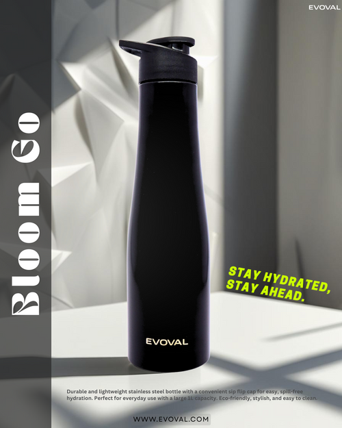 EVOVAL Bloom Go Stainless Steel Water Bottle (Black) 1000ml | Single Wall, Leak-Proof, Lightweight, Fridge Bottles for Home, Office, Gym & Travel