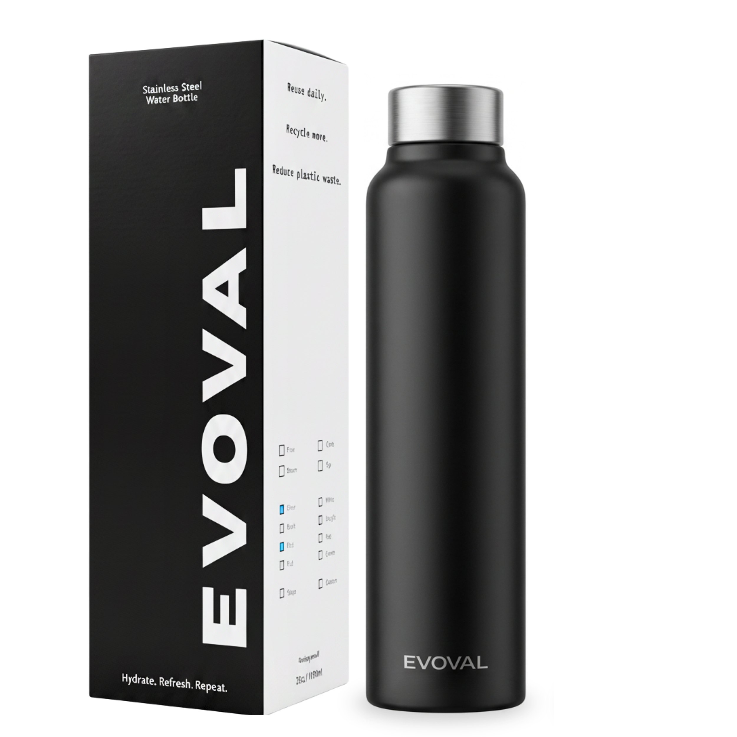 EVOVAL CORE 1000 ml (Black) | Stainless Steel Water Bottle, Leak-Proof, Reusable, Single Wall Metal Bottle for Office, Gym, Travel & School