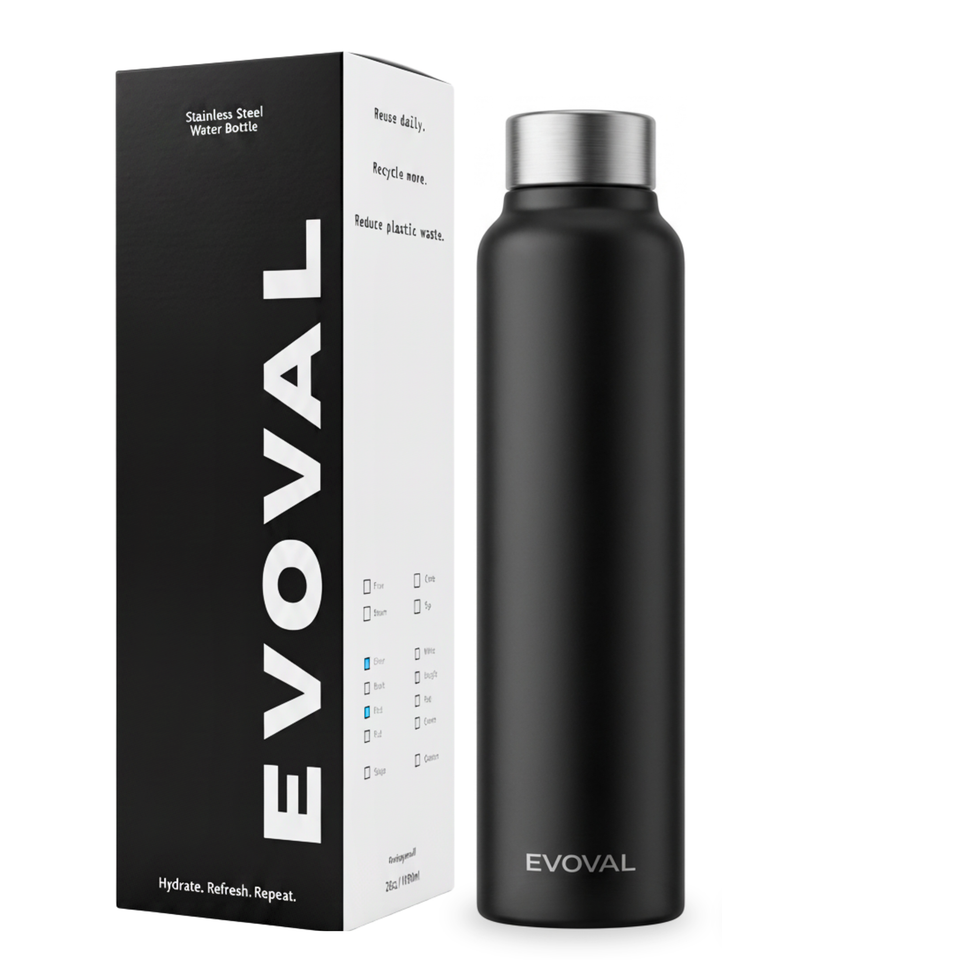 EVOVAL CORE 1000 ml (Black) | Stainless Steel Water Bottle, Leak-Proof, Reusable, Single Wall Metal Bottle for Office, Gym, Travel & School