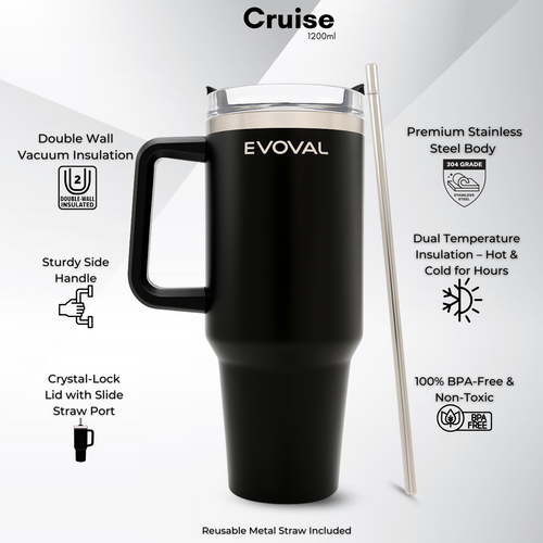Evoval Cruise 1200ml Stainless Steel Insulated Travel Tumbler with Handle & Metal Straw | Double Wall Vacuum Flask | Hot & Cold | Leakproof, Matte Black Mug for Office, Gym, Car