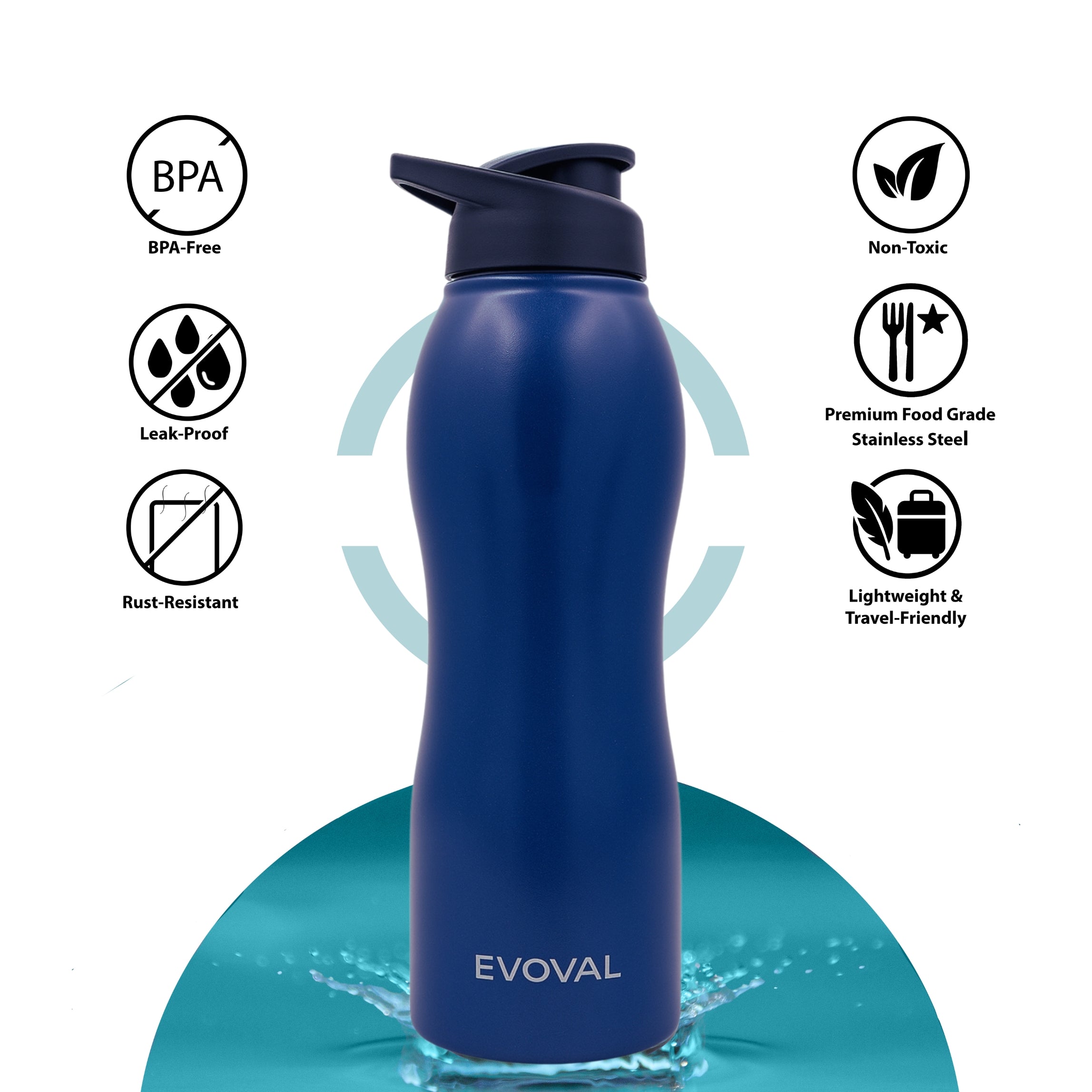 EVOVAL FLOW Stainless Steel Water Bottle 1000 ml | Single Wall, Lightweight & Leakproof (Blue)