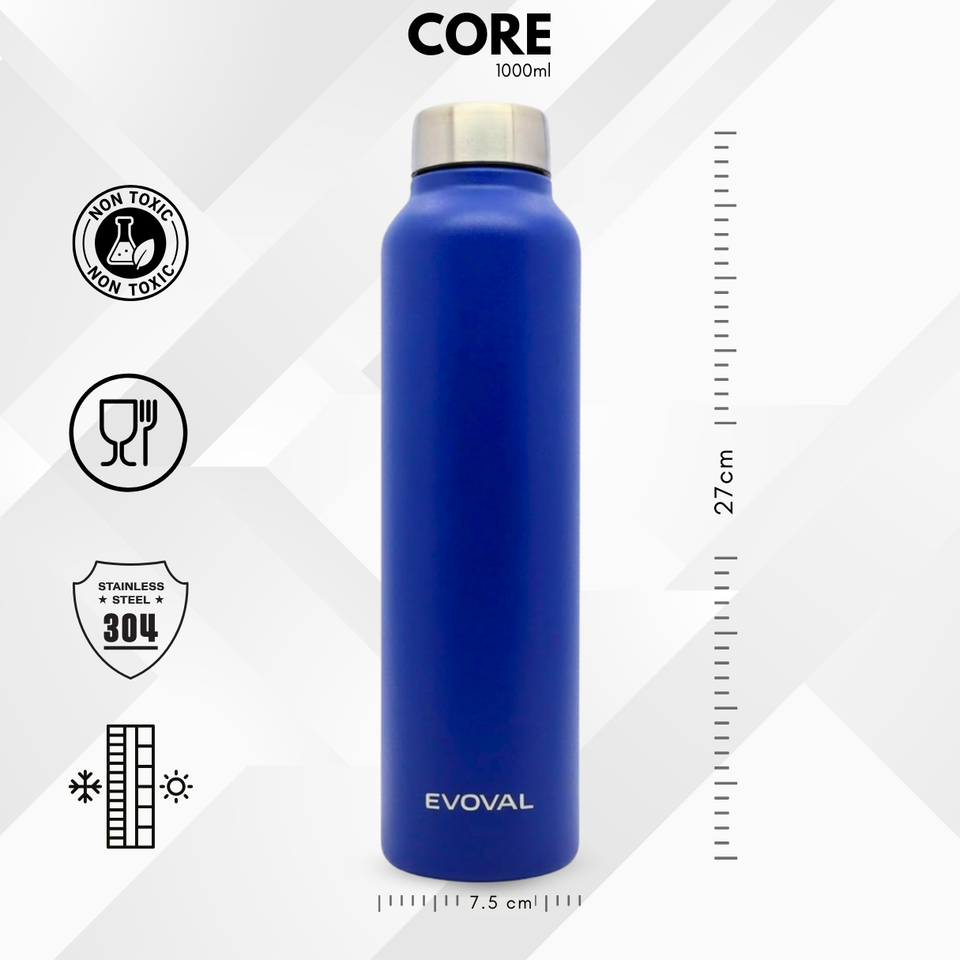 EVOVAL CORE 1000 ml (Blue) | Stainless Steel Water Bottle, Leak-Proof, Reusable, Single Wall Metal Bottle for Office, Gym, Travel & School