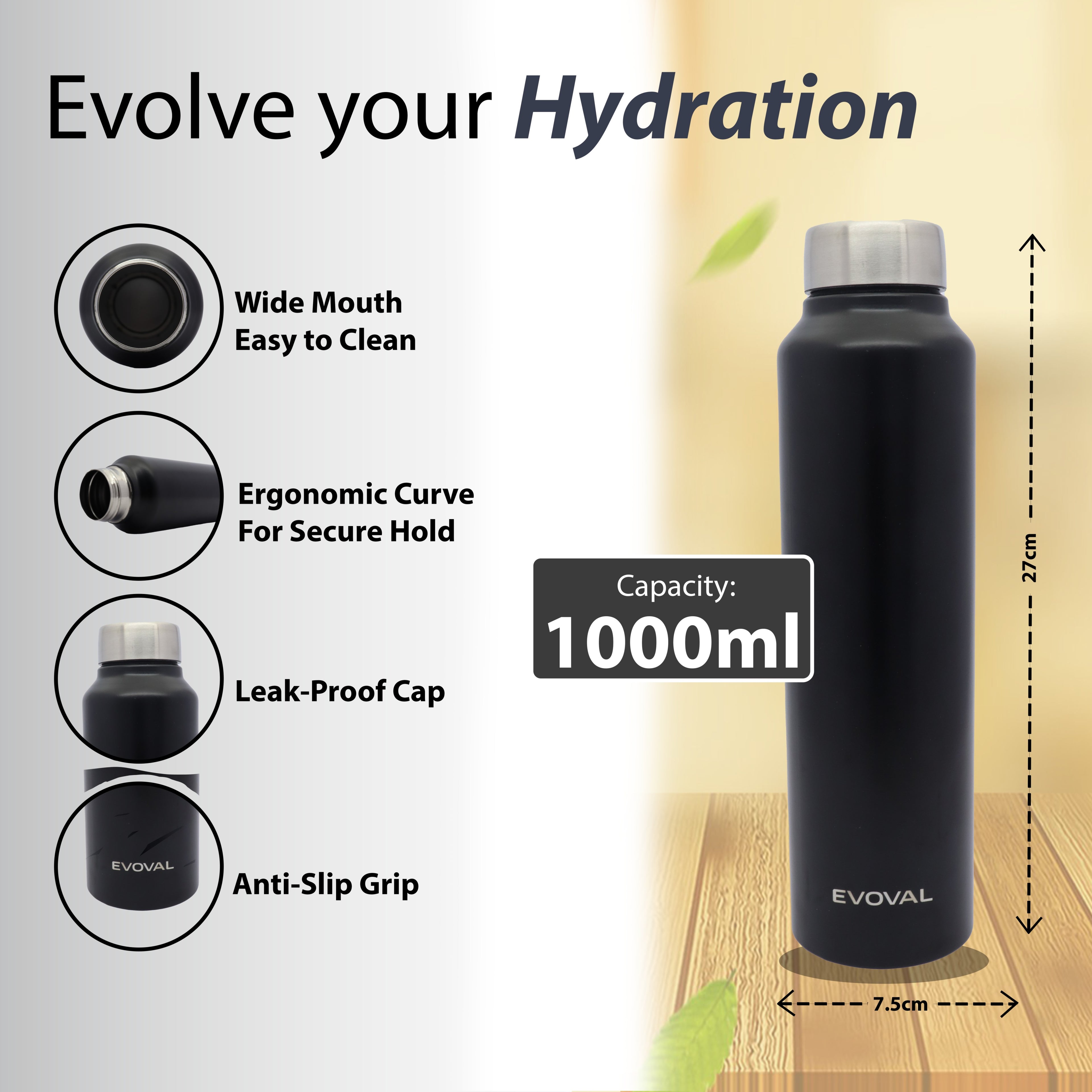 EVOVAL CORE 1000 ml Stainless Steel Water Bottle | Leak-Proof, Reusable, Single Wall Metal Bottle for Office, Gym, Travel & School | Matte Black