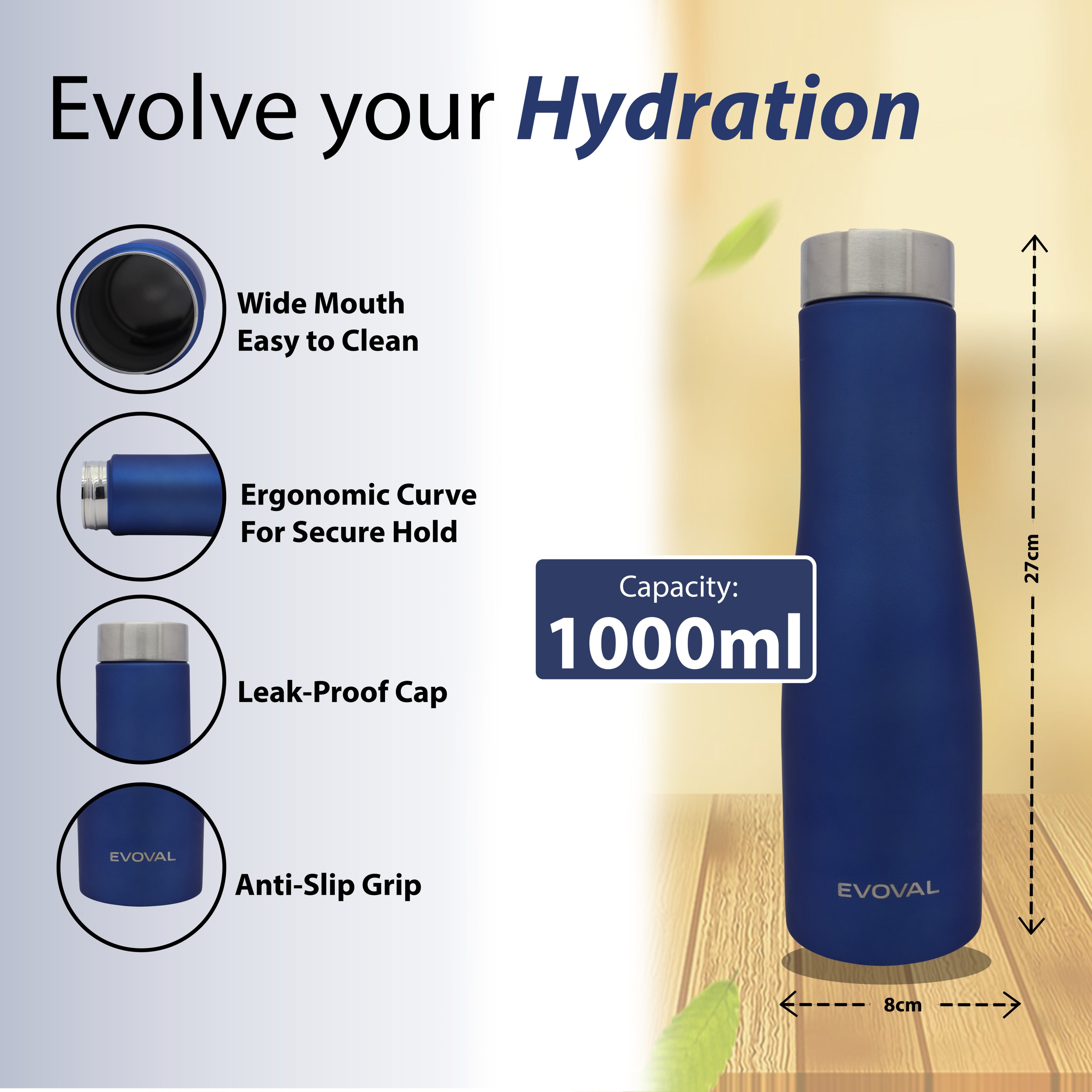 EVOVAL BLOOM 1000 ml Stainless Steel Water Bottle (Blue) | Single Wall | Matte Finish | Leak-Proof | BPA-Free