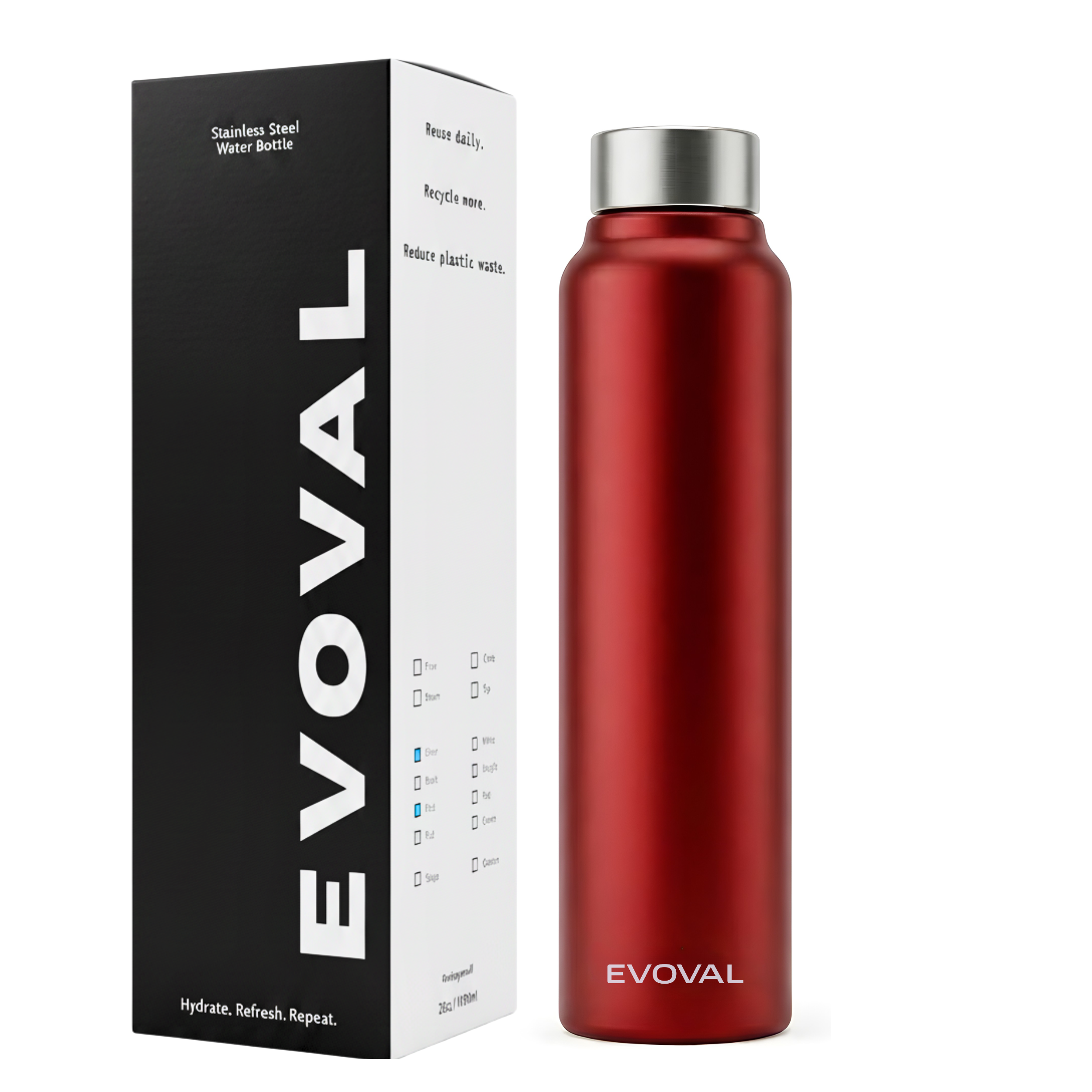 EVOVAL CORE 1000 ml (Red) | Stainless Steel Water Bottle, Leak-Proof, Reusable, Single Wall Metal Bottle for Office, Gym, Travel & School