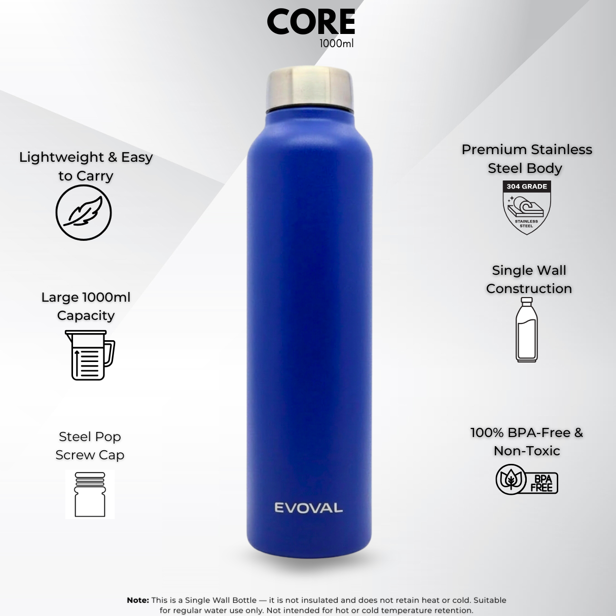 EVOVAL CORE 1000 ml (Blue) | Stainless Steel Water Bottle, Leak-Proof, Reusable, Single Wall Metal Bottle for Office, Gym, Travel & School