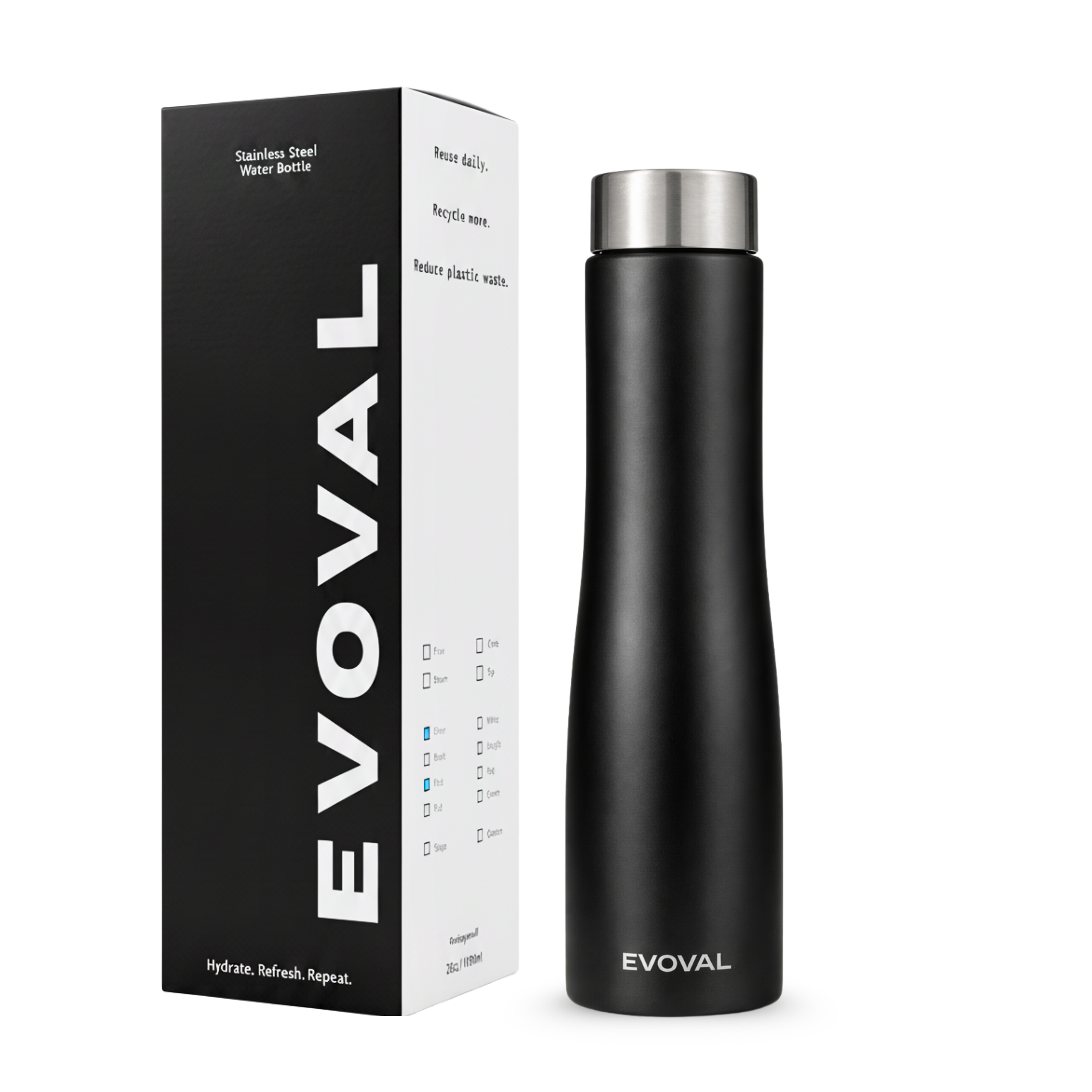 EVOVAL Bloom 1000ml (Black) | Single Wall Stainless Steel Fridge Water Bottle | Lightweight, Leak-Proof | Ideal for Home, Office, Gym, Travel