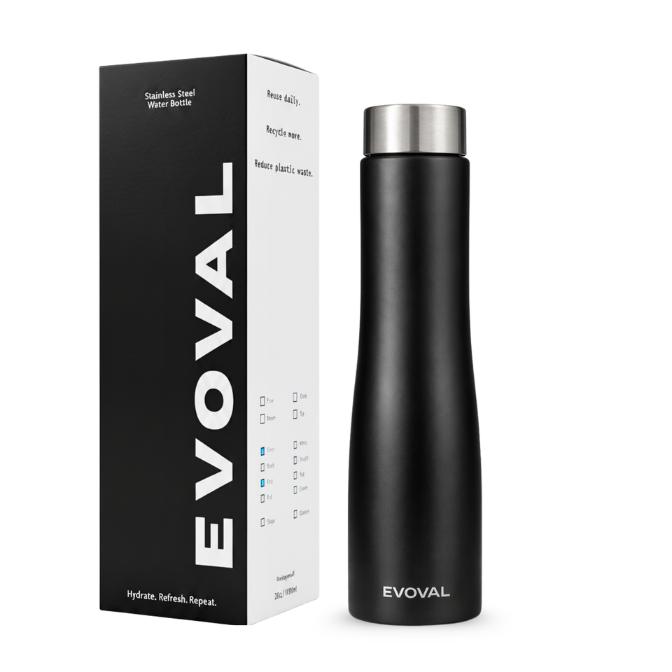 EVOVAL Bloom 1000ml (Black) | Single Wall Stainless Steel Fridge Water Bottle | Lightweight, Leak-Proof | Ideal for Home, Office, Gym, Travel