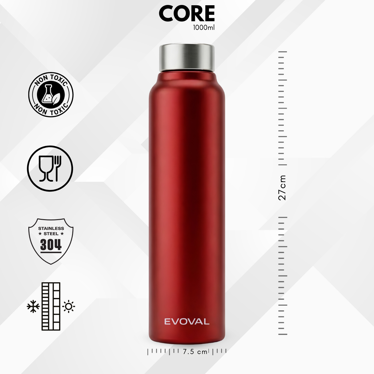 EVOVAL CORE 1000 ml (Red) | Stainless Steel Water Bottle, Leak-Proof, Reusable, Single Wall Metal Bottle for Office, Gym, Travel & School