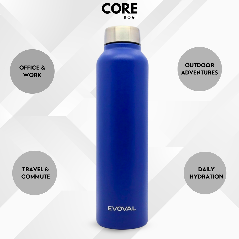 EVOVAL CORE 1000 ml (Blue) | Stainless Steel Water Bottle, Leak-Proof, Reusable, Single Wall Metal Bottle for Office, Gym, Travel & School