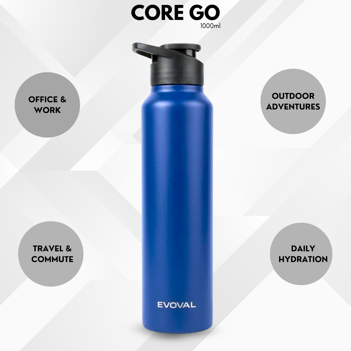 EVOVAL Core Go 1000ml (Blue) | Single Wall Stainless Steel Water Bottle | Lightweight, Fridge-Friendly, Leak-Proof, Rust-Free