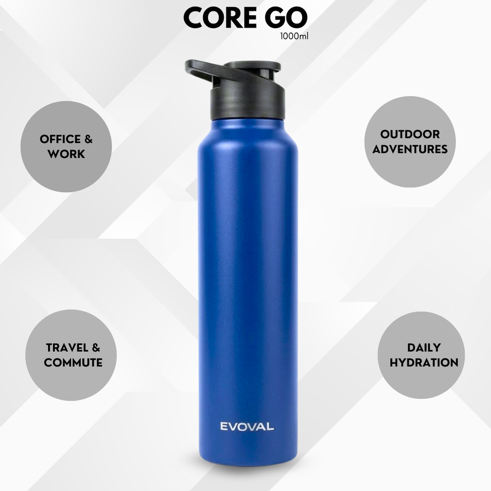 EVOVAL Core Go 1000ml (Blue) | Single Wall Stainless Steel Water Bottle | Lightweight, Fridge-Friendly, Leak-Proof, Rust-Free