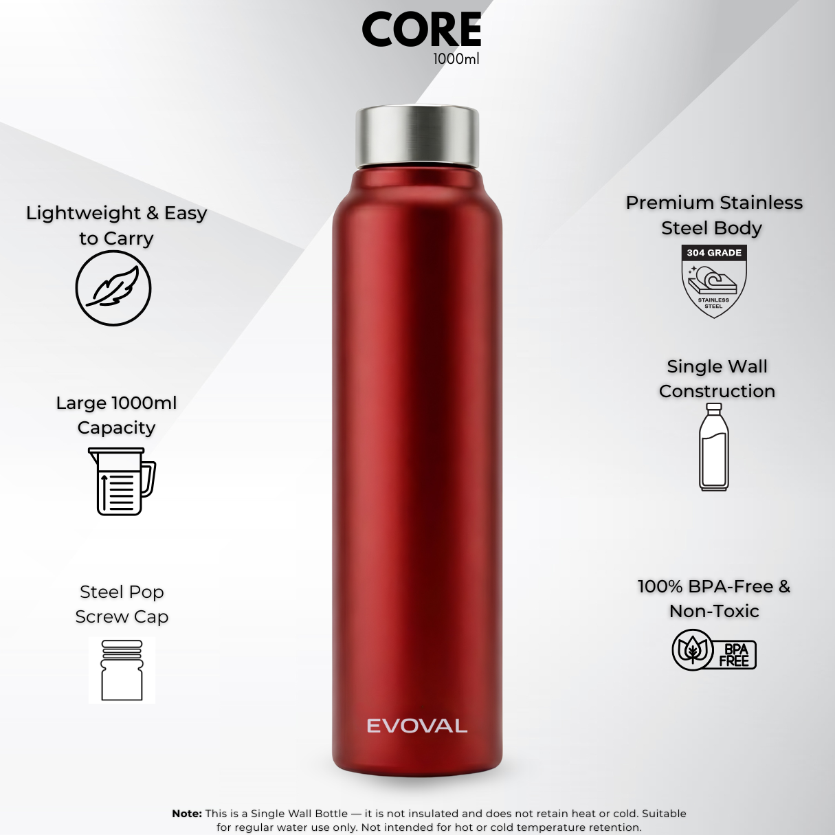 EVOVAL CORE 1000 ml (Red) | Stainless Steel Water Bottle, Leak-Proof, Reusable, Single Wall Metal Bottle for Office, Gym, Travel & School