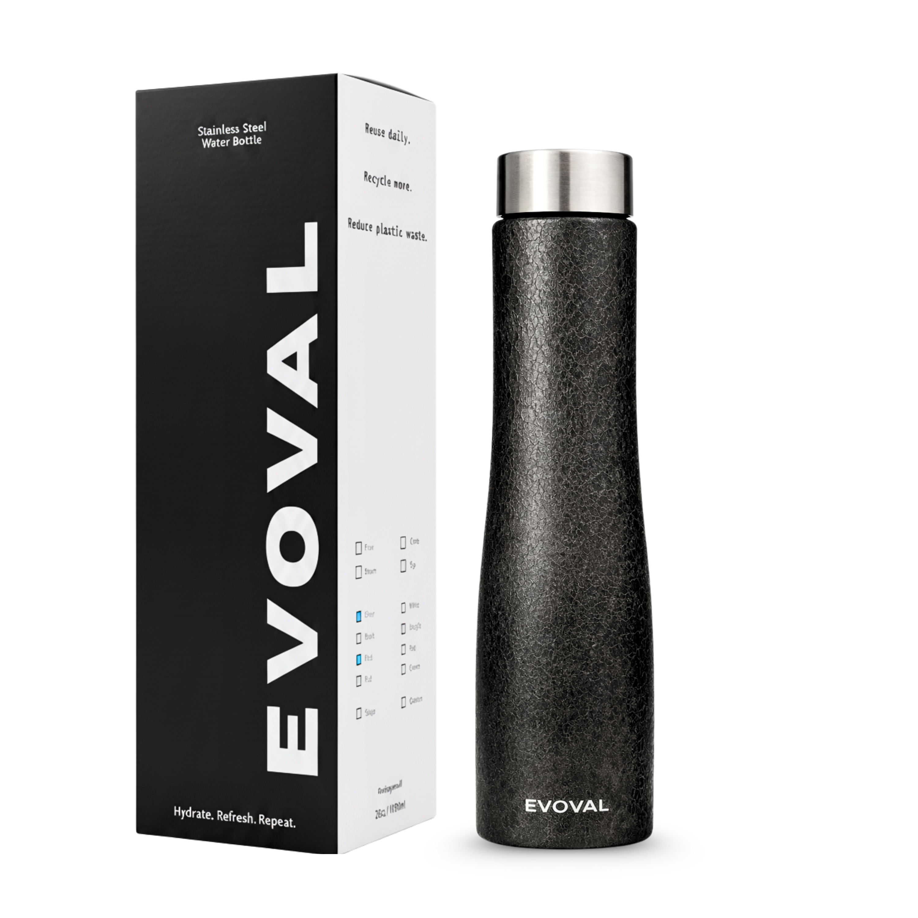 EVOVAL Bloom 1000ml (Crackle Black) | Single Wall Stainless Steel Fridge Water Bottle | Lightweight, Leak-Proof | Ideal for Home, Office, Gym, Travel