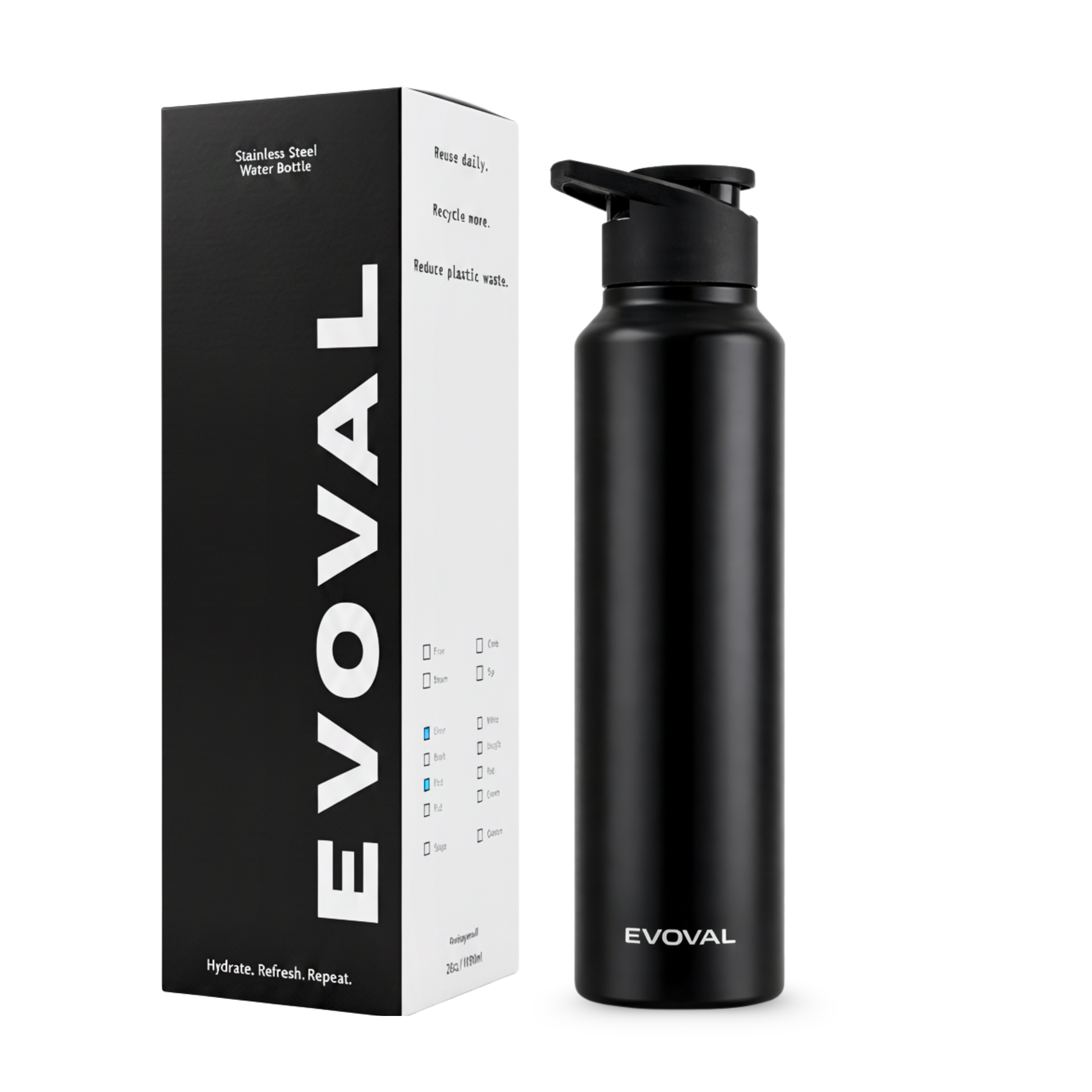 EVOVAL Core Go 1000ml (Black) | Single Wall Stainless Steel Water Bottle | Lightweight, Fridge-Friendly, Leak-Proof, Rust-Free