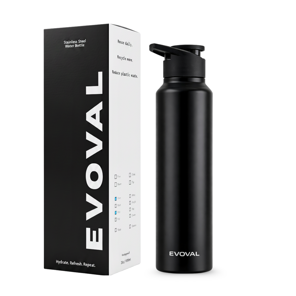 EVOVAL Core Go 1000ml (Black) | Single Wall Stainless Steel Water Bottle | Lightweight, Fridge-Friendly, Leak-Proof, Rust-Free