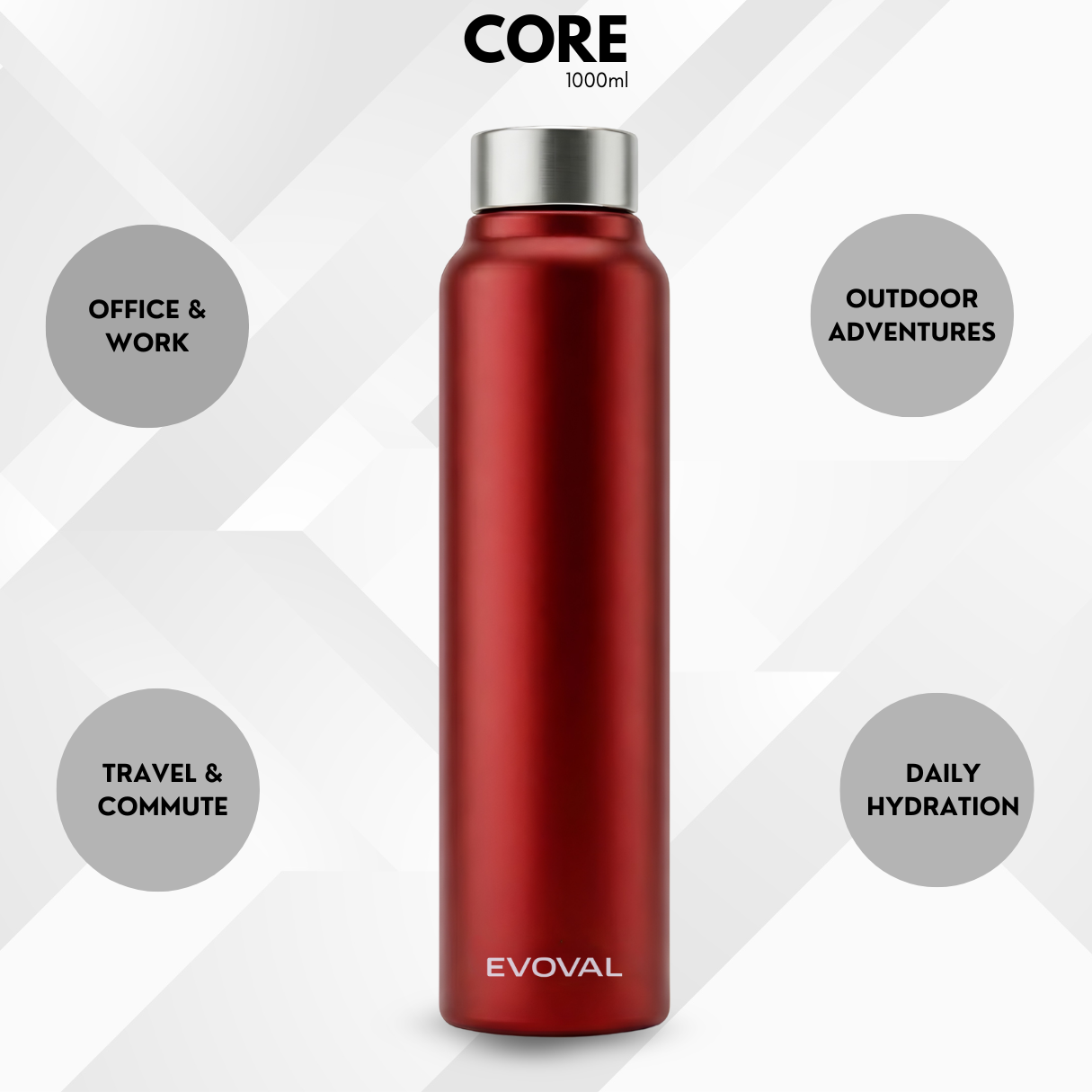 EVOVAL CORE 1000 ml (Red) | Stainless Steel Water Bottle, Leak-Proof, Reusable, Single Wall Metal Bottle for Office, Gym, Travel & School