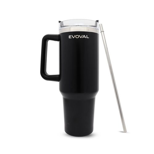 Evoval Cruise 1200ml Stainless Steel Insulated Travel Tumbler with Handle & Metal Straw | Double Wall Vacuum Flask | Hot & Cold | Leakproof, Matte Black Mug for Office, Gym, Car