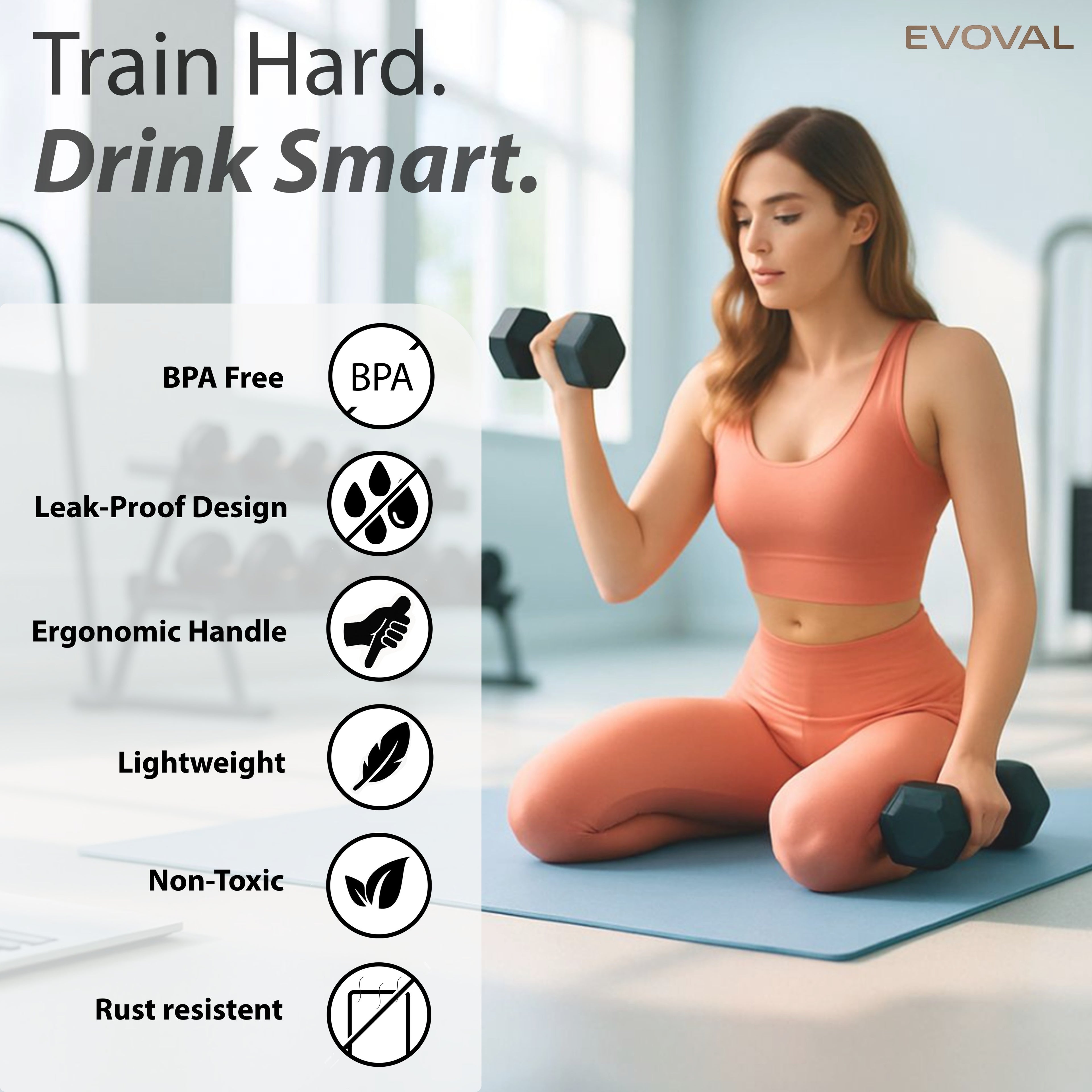 EVOVAL CORE 1000 ml Stainless Steel Water Bottle | Leak-Proof, Reusable, Single Wall Metal Bottle for Office, Gym, Travel & School | Matte Black