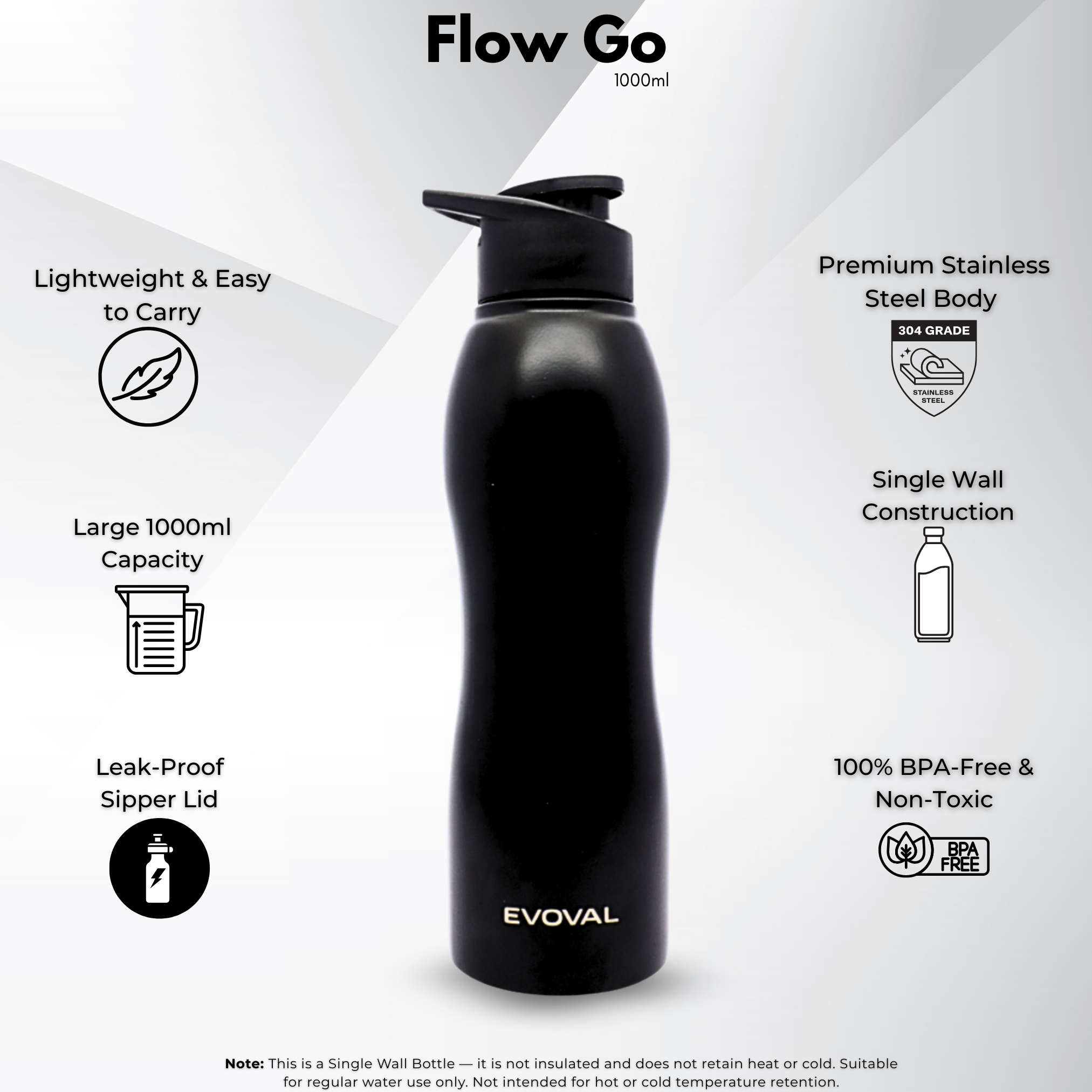 EVOVAL Flow Stainless Steel Water Bottle 1000 ml | Single Wall, Lightweight & Leakproof