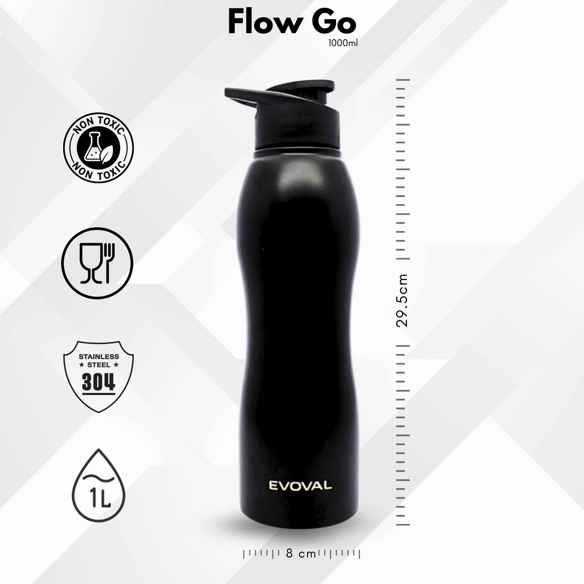 EVOVAL Flow Stainless Steel Water Bottle 1000 ml | Single Wall, Lightweight & Leakproof