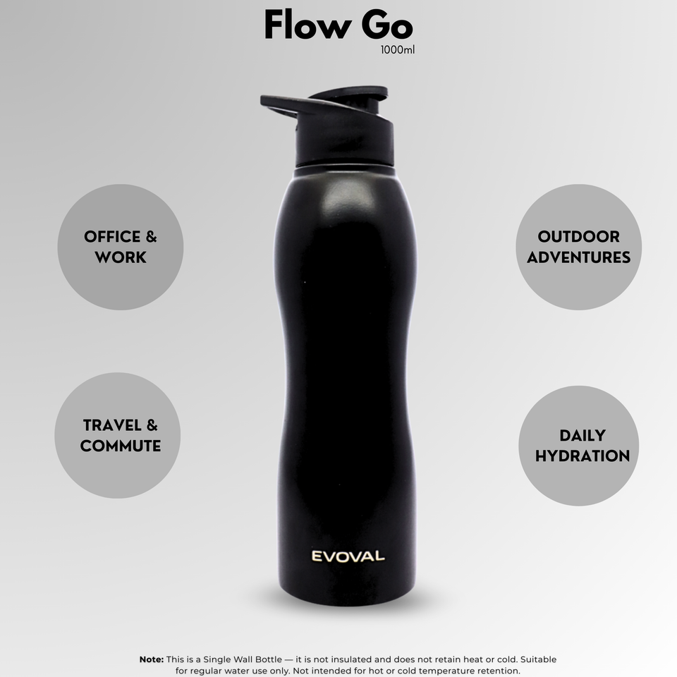 EVOVAL Flow Stainless Steel Water Bottle 1000 ml | Single Wall, Lightweight & Leakproof