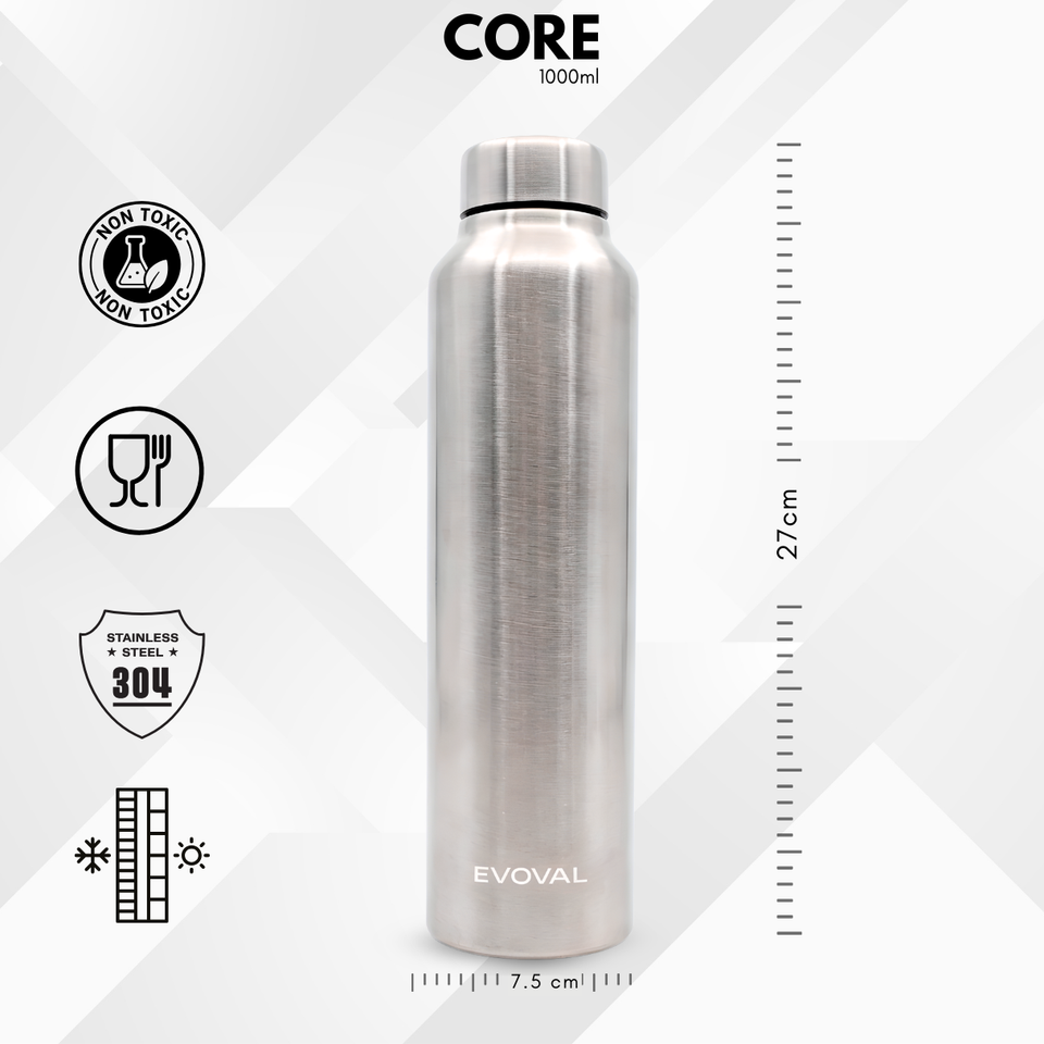 EVOVAL CORE 1000 ml (Silver) | Stainless Steel Water Bottle, Leak-Proof, Reusable, Single Wall Metal Bottle for Office, Gym, Travel & School